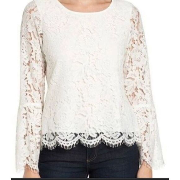 VINCE CAMUTO - L Sz Med Ivory Lace Long-Sleeve Lined Blouse w/Bell Sleeves. EUC - Picture 5 of 12